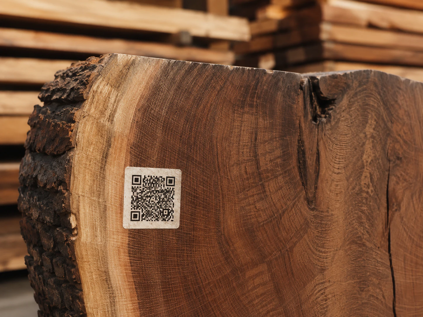 QR code on the end of a slab linking to its wood passport