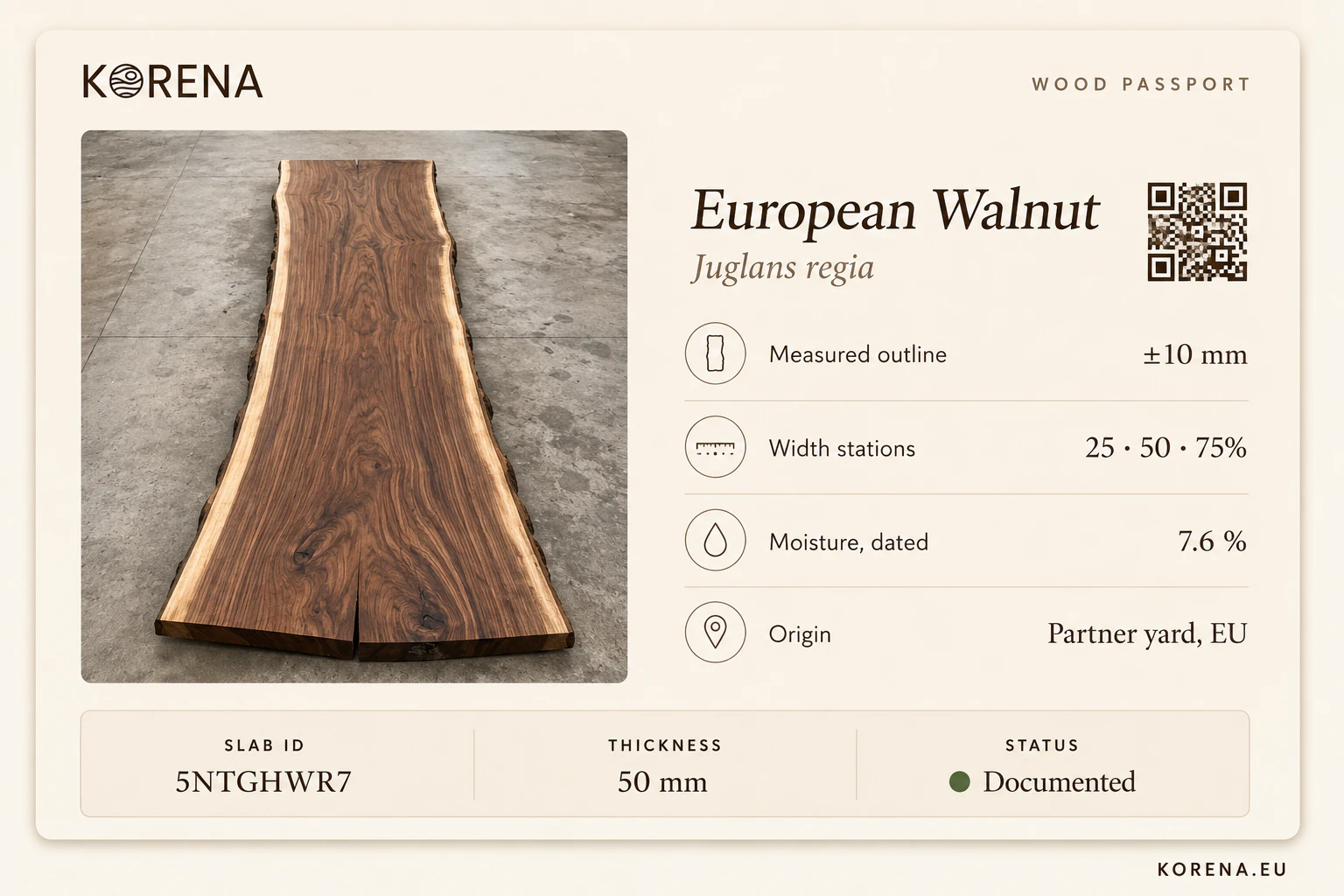 Anatomy of a per-piece wood passport: species, measurements, moisture, origin, documents