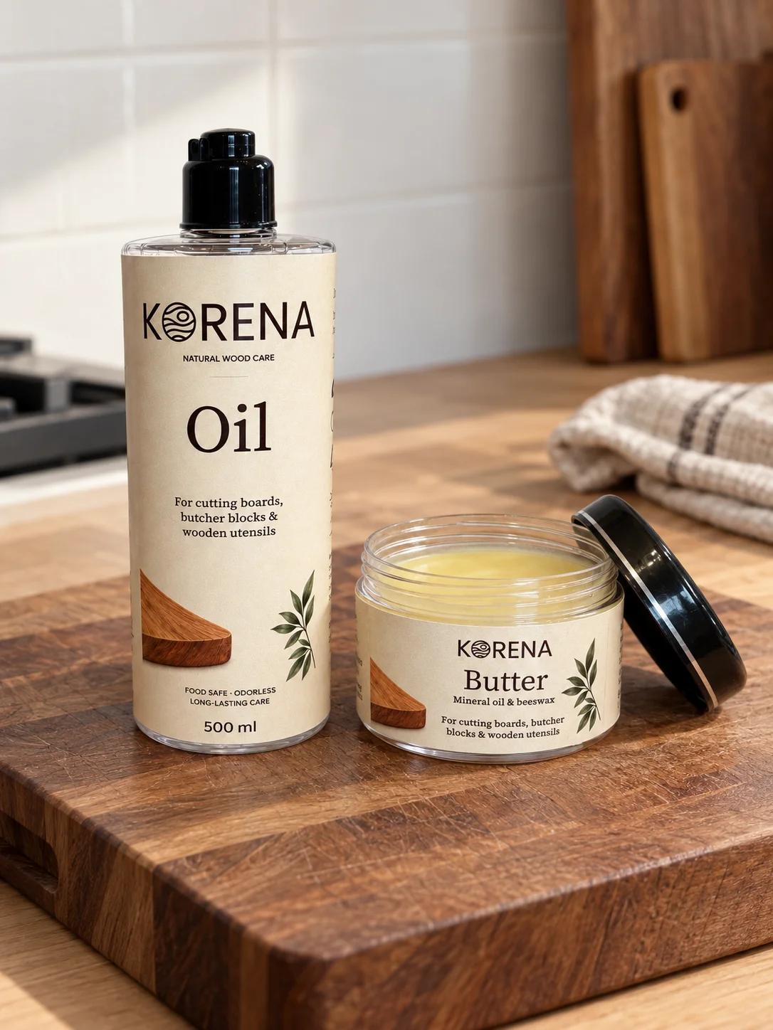 KORENA Oil and Butter on a walnut cutting board